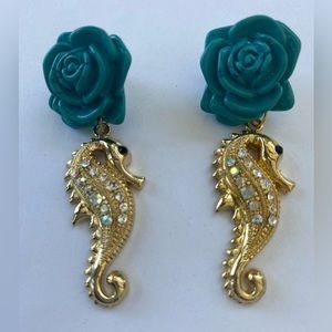 Turquoise blue rose seahorse ocean rhinestone crystal earrings fantasy whimsical